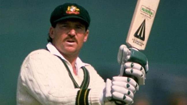 Cose up of Allan border, bat aloft