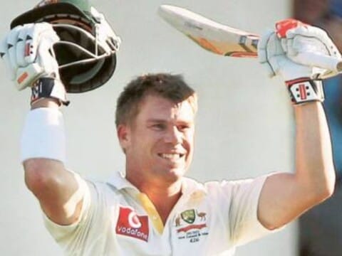 Close up of David Warner celebrating